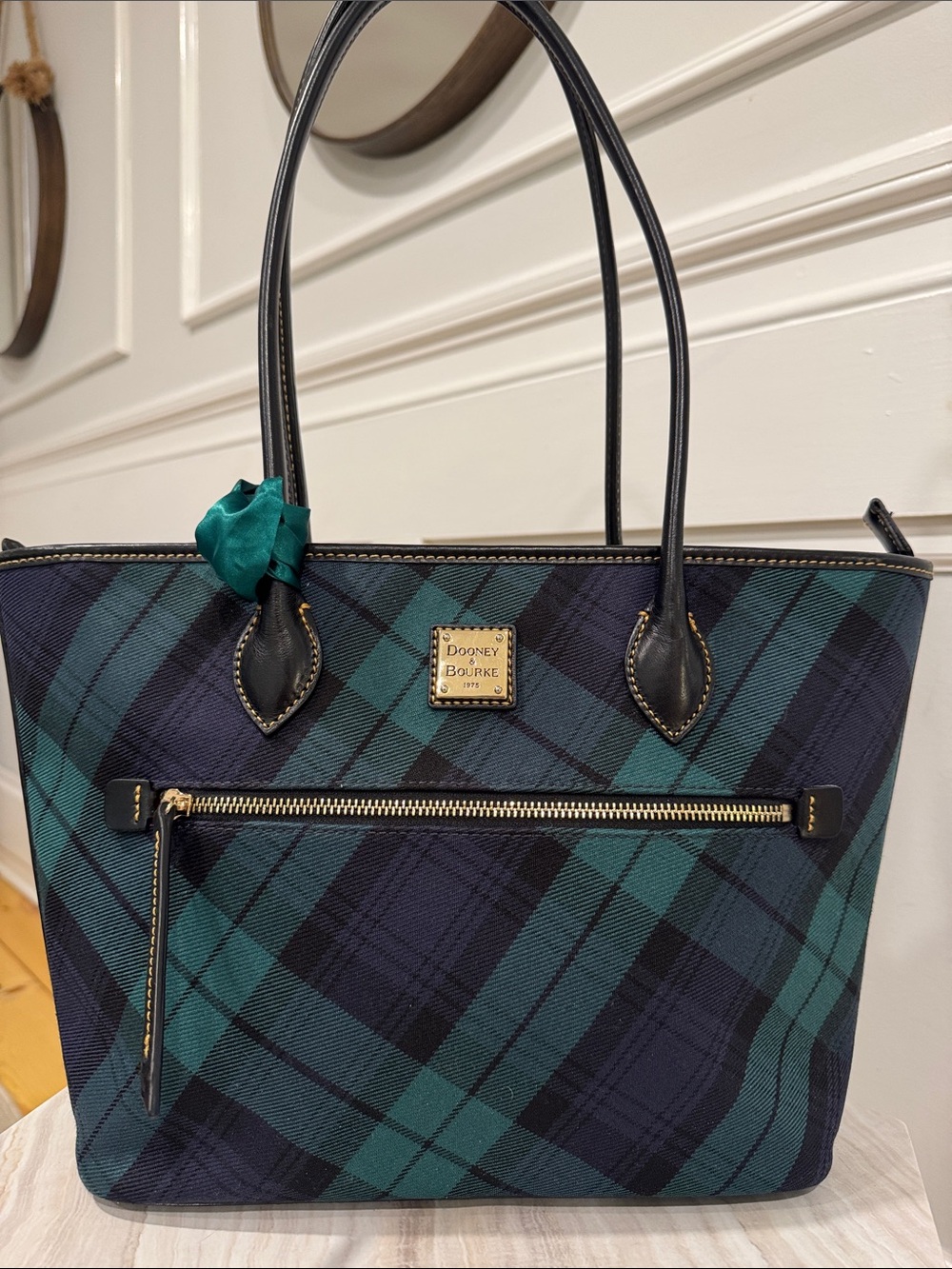 Dooney & Bourke Bag Plaid Tartan Green and Navy Tote Bag - Picture 5 of 17